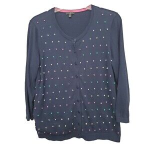 Talbots Petites Navy Cotton Embroidered Dots Button-Up Cardigan Size LP